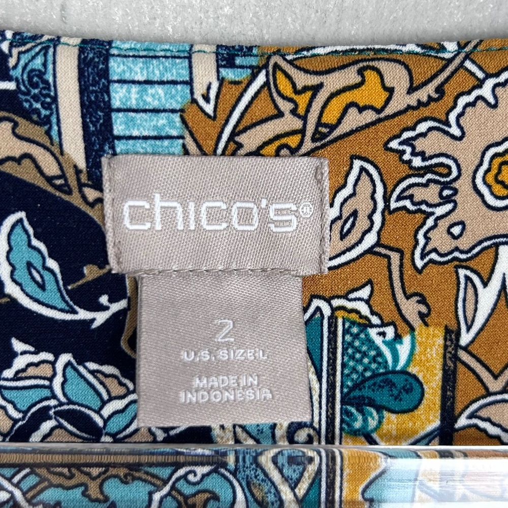 Chicos tunic top size 2 Large blue patchwork 3/4 sleeve stretch knit - Picture 10 of 12